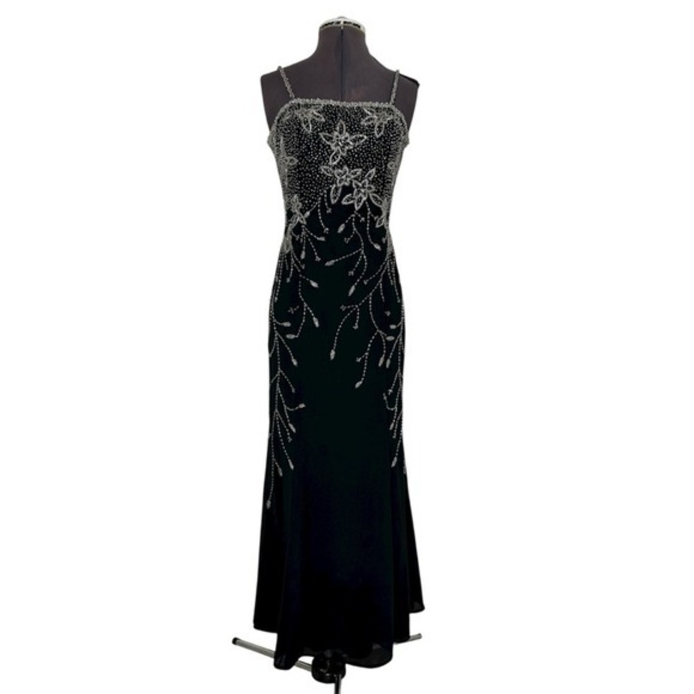 Night Scene Black Flower Beaded Spaghetti Straps Wedding Guest Prom Maxi Dress S